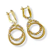 Висящи златни обеци с кръгове и трицветни топчета 14K RG12784