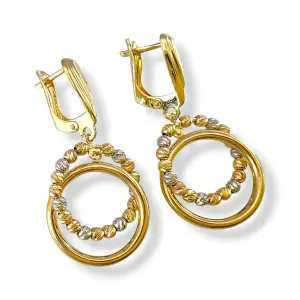 Висящи златни обеци с кръгове и трицветни топчета 14K RG12784