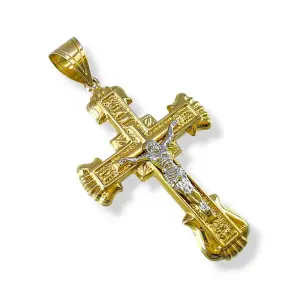 Златен кръст с разпятие и двуцветен релефен дизайн 14K RG12721