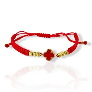 Гривна с червен конец и златна детелина с карнеол 14K RG12290