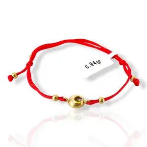 Златна гривна с червен конец и кръгъл мотив с циркон 14K RG12293