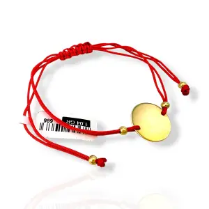 Златна гривна с червен конец с кръгла плочка 14K RG13263
