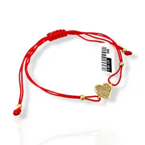 Златна гривна с червен конец и сърце с цирконии 14K RG13268