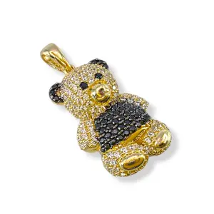 Златна висулка мече с черни и бели циркони 14K RG12421