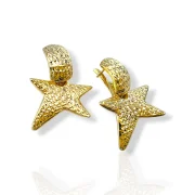 Златни обеци звезди с висящ дизайн и диамантирано гравиране 14K RG13149