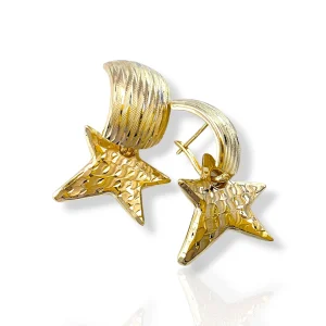 Елегантни златни обеци с висящи звезди и релефно гравиране 14K RG13150