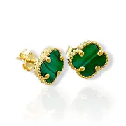 Златни обеци на винт детелина зелен малахит 14K RG12482