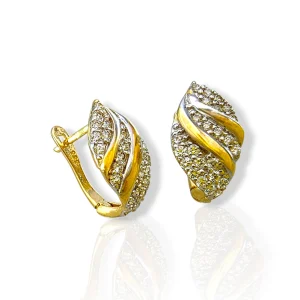 Златни обеци лист с цирконии и двуцветен дизайн 14K RG12963
