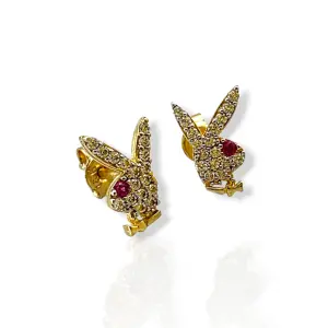 Златни обеци на винт Playboy с циркони и рубин 14K RG13382