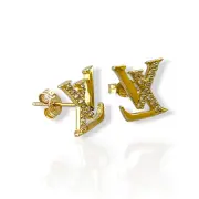 Дамски златни обеци на винт с камъни и лого дизайн 14K RG13204