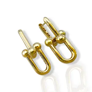 Висящи златни обеци семпъл силует с прави линии и топчета 14K RG12524