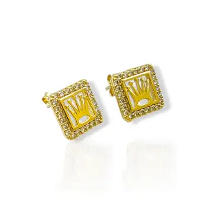 Златни обеци на винт Rolex с квадратна рамка и циркони 14K RG13386