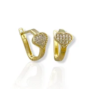 Нежни златни обеци сърце с блестящи камъни 14K RG13103