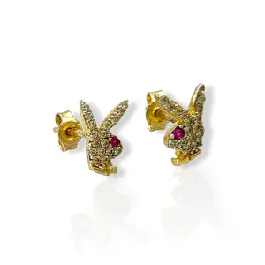 Златни обеци на винт Playboy с бели циркони и очи от рубин 14K RG13387