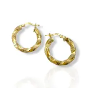 Златни обици халки с усукана форма и гравиране 14K RG11589