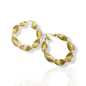 Златни обеци халки с усукана гравирана форма 14K RG13293