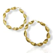 Златни обеци халки с релефна гравировка и спирален дизайн 14K RG13297