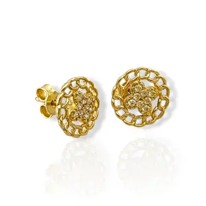 Златни обеци на винт кръгло цвете с циркони 14K RG13406