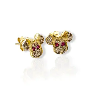 Златни детски обеци на винт Мини Маус с циркони 14K RG13391