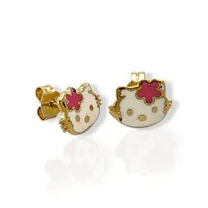 Златни детски обеци на винт Hello Kitty с емайл 14K RG13392