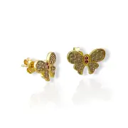 Златни детски обеци на винт пеперуди с бели и рубинени циркони 14K RG13393