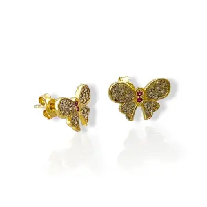 Златни детски обеци на винт пеперуди с бели и рубинени циркони 14K RG13393