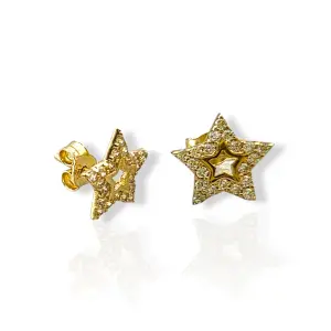 Златни обеци на винт звезди с бели циркони 14K RG13409
