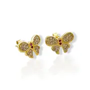 Златни детски обеци на винт пеперуди с циркони и рубини 14K RG13394