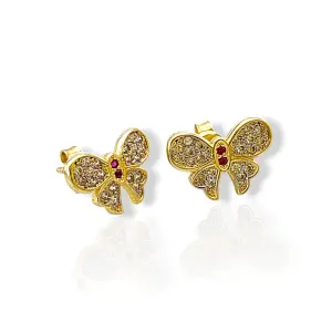 Златни детски обеци на винт пеперуди с циркони и рубини 14K RG13394