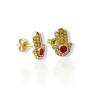 Златни обеци на винт Хамса с рубин 14K RG13410