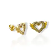 Златни обеци на винт крилати сърца с циркони 14K RG13411