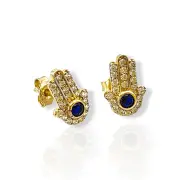 Златни обеци на винт Хамса със син цирконий 14K RG13414