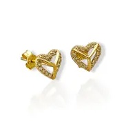 Златни обеци на винт сърце с бели циркони 14K RG13403