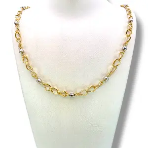 Златно колие с овални звена и бели топчета 14K RG12375