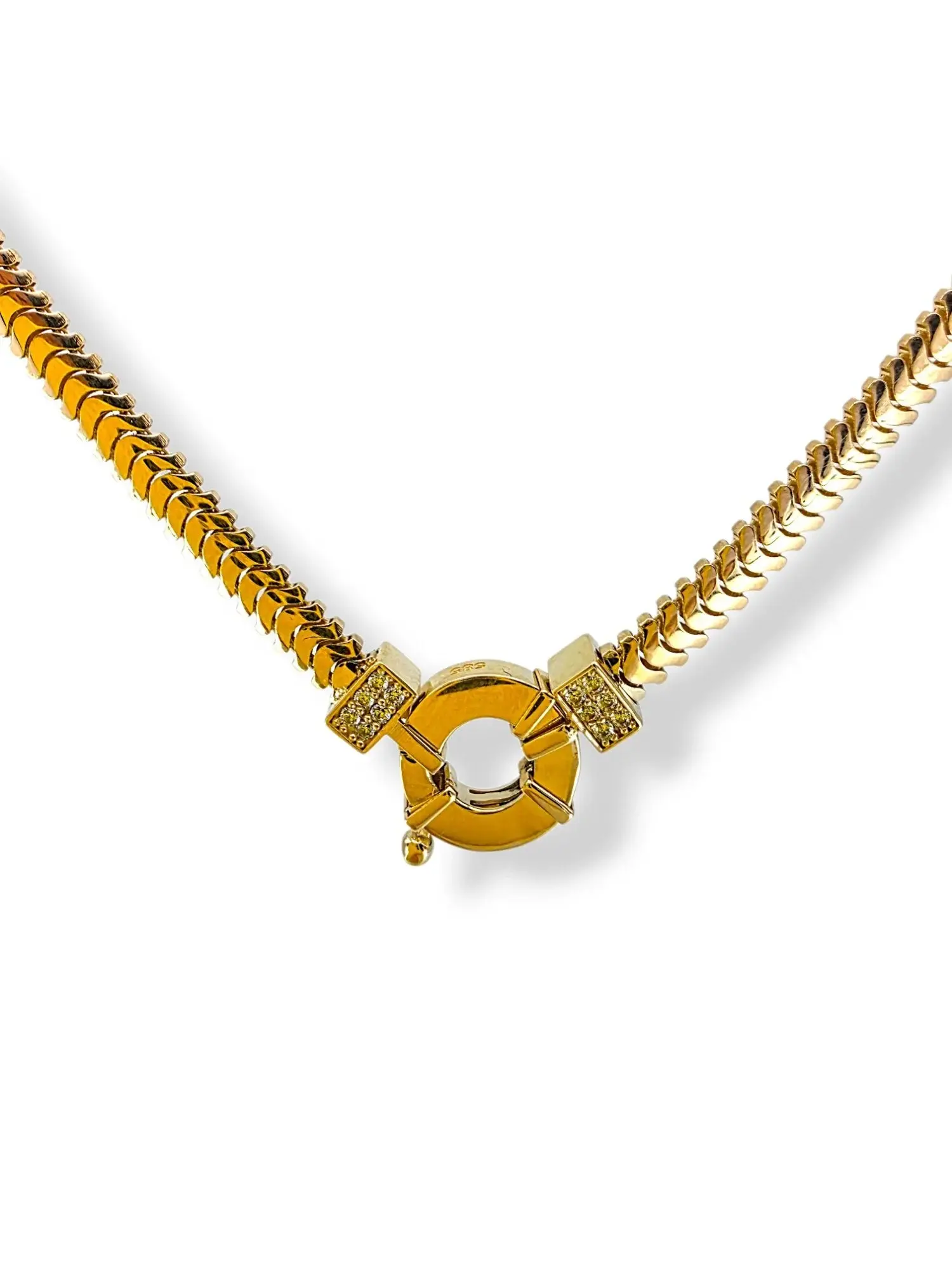 Дамско златно колие с плоска змийска плетка и мотив с циркони 14K RG12597