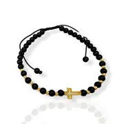 Злато на конец – гривна с оникс и златно кръстче с бели циркони 14K RG12164