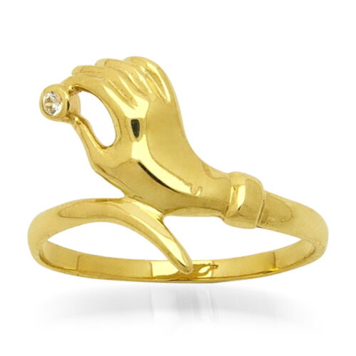 Дамски златен пръстен с ръка държаща камъче циркон