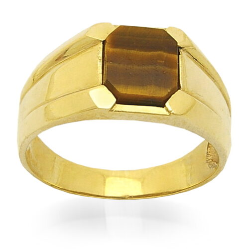 Стилен мъжки пръстен от 14 карата класическо жълто злато с централен камък