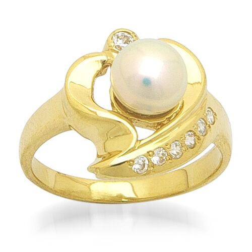 Нежен дамски златен пръстен с циркон и перла