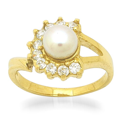 Дамски златен пръстен с рамка от циркон и централно разположена перла