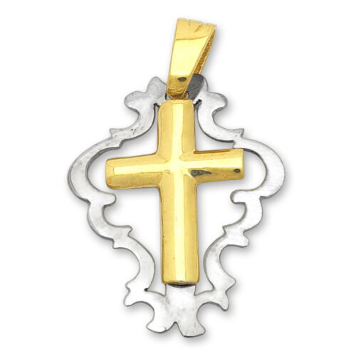 Златен кръст с камъни от класическо жълто злато и рамка от бяло злато