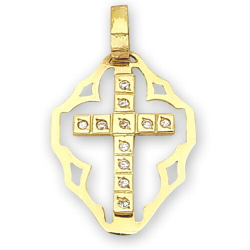 Златен кръст с камъни - класическо 14 карата жълто злато, проба 585