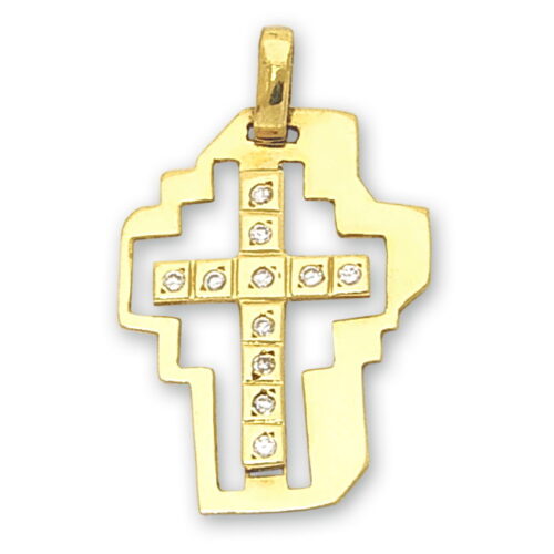Златен кръст с камъни и рамка от класическо жълто злато