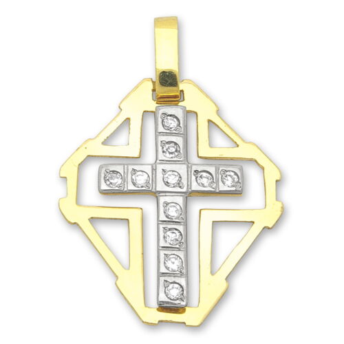 Златен кръст с камъни от бяло злато и рамка от класическо жълто злато