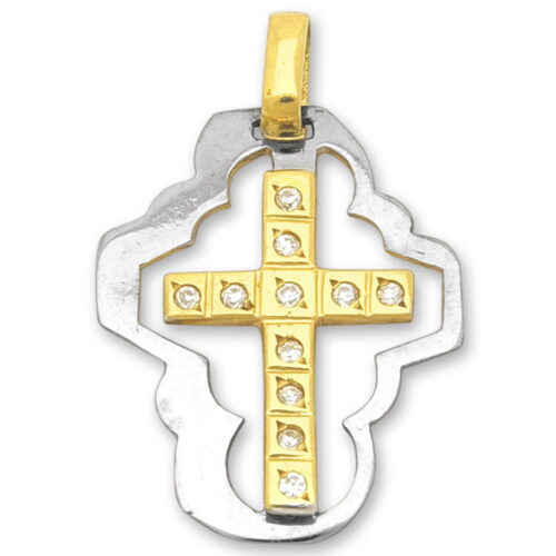 Златен кръст с камъни и рамка от бяло злато