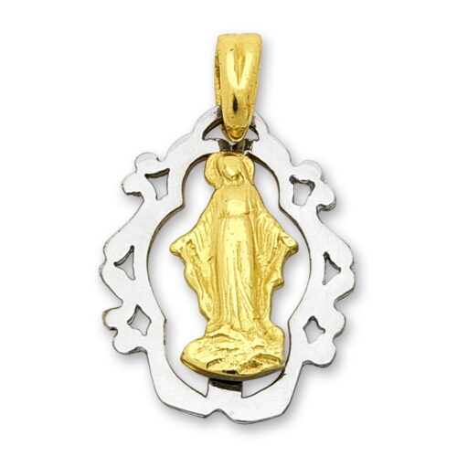Фина висулка от изчистено жълто и бяло злато с Богородица в цял ръст