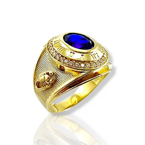 Мъжки златен пръстен със сапфир, циркони и изящни детайли. Идеален аксесоар за стилния мъж.