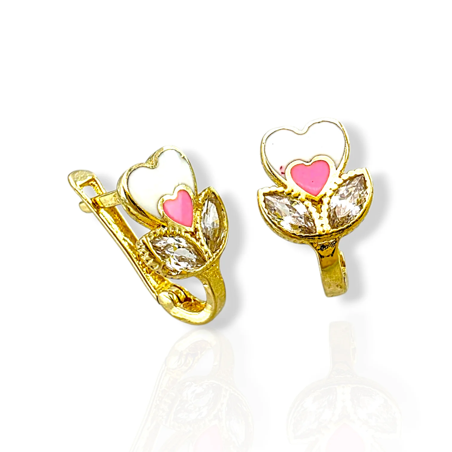 Детски златни обеци сърца с бял и розов емайл 14K RG13340